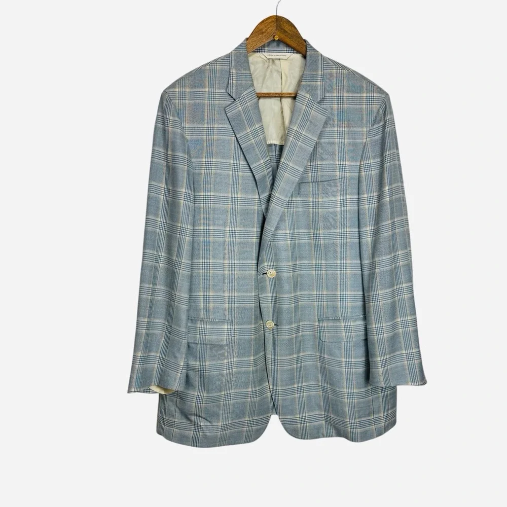 George Bass Ermenegildo Zegna Silk & Linen Blue Gray Plaid Blazer 45R‎